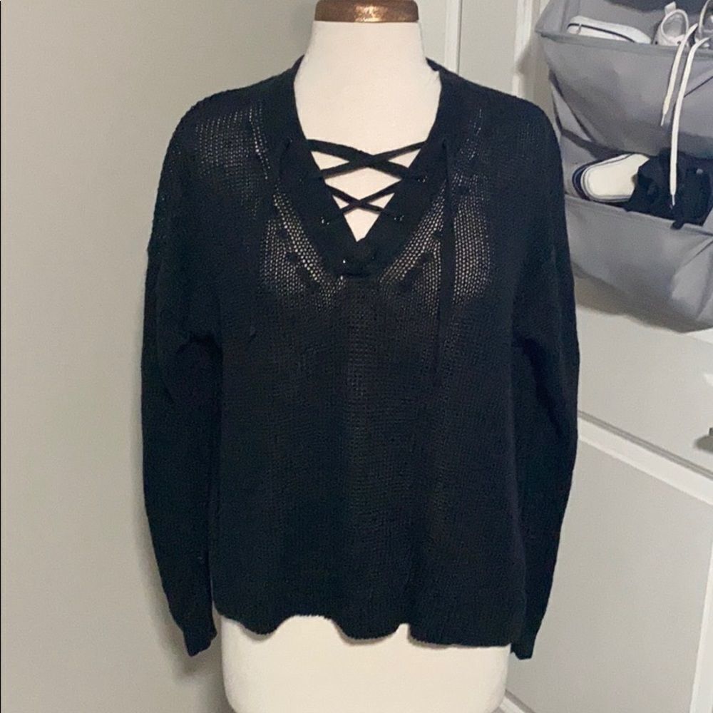 J Crew open knit nwt knit black‎ lace up v neck sweater size M EUC